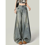 Retro American Spicy Girl High Waist Loose Slim Wide Leg Knife Edge Jeans Women  Autumn New Style Distressed Streetwear