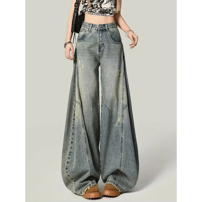 Retro American Spicy Girl High Waist Loose Slim Wide Leg Knife Edge Jeans Women  Autumn New Style Distressed Streetwear