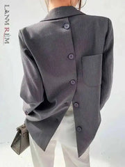 LANMREM] Tide Designer Back Button Blazer For Women Gray Notched Long Sleeve Fashion Female Coat 2025 Spring New Clothing