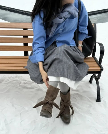 Women Vintage Nomad Mid Calf Boots Faux Suede Leather Bow Tie Round Toe Low Block Heel Non Slip Casual Fall Winter Shoes