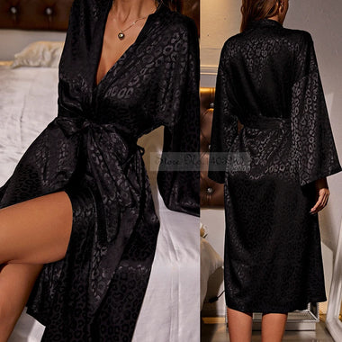 Silk Black Leopard Robe New Female Robe Black Print Leopard Kimono Bathrobe Gown with Belt Sexy V-Neck Nightgown Sleepwear Loose Silk Satin Home Dress