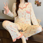 Women's Pajama Set 2 Piece Long Sleeve Full Length Pants Floral Ruffle Button Down Pyjamas Sleepwear Loungewear Soft Comfy Fall