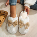 Korean Purple Silk Bowknot Home Cotton Shoes 2026 Winter Thicken Warm Long Plush Indoor Slippers Women's Light Anti Slip Slides