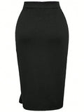 Women's High Waist Pencil Skirt Ruffle Split Midi Bodycon Slim Fit Medium Stretch Knit Elegant Office Party Knee Length Wrap Ski