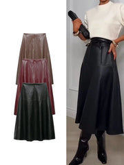 Ladies New Autumn Midi Skirt High Waist A Line PU Leather Long Skirts Women Elegant Fashion Solid Color Office Lady Skirt Female