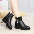 Women's Rhinestone Leather Boots Autumn Winter Warm Cotton Shoes Low Heel Round Head Side Zip Footwear Botas Para Mujeres