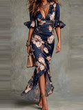 2026hot Women's Sexy Deep V Neck Ruffles Maxi Dress Spring Elegant Floral Print Mermaid Party Dress Summer Flare Sleeve Satin
