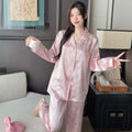 Women Silk Satin Pajamas Long Sleeve Button Collar Sleepwear Pink Butterfly Print Silky Loungewear Two Piece Pj Set Pants Pijama