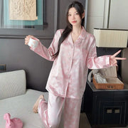 Women Silk Satin Pajamas Long Sleeve Button Collar Sleepwear Pink Butterfly Print Silky Loungewear Two Piece Pj Set Pants Pijama