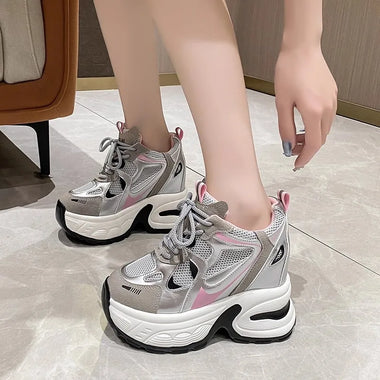 10CM High Women's Platform Sneakers Lightweight Breathable Mesh Sneakers for Women Fashion Designer Leather Thick Heel Sneakers