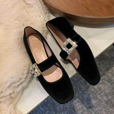 2025 Luxury Shoes Mary Jeans Woman Velvet Med-High Heels&Flats Heeled Loafers Crystal Leather Belt Strap Ballets Femme Chaussure