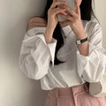 Women's Blouse Summer Long Sleeve Loose Fit Casual Women's White Shirt Top Asymmetrical Off Shoulder Female Skew Collar Blouses