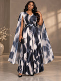 Plus Size Tie Dye Pleated Maxi Dress for Women V Neck Cape Sleeve Studded Belt Formal Evening Gown Wedding Guest Party Dress