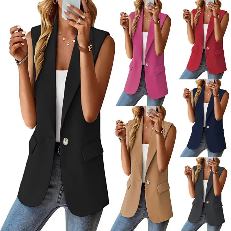2025 Spring/Summer New Polo Collar Suit Vest Women's Style Commuter Sleeveless Cardigan Tank Top Women