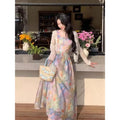 Women's Summer Oil Painting Style Floral Maxi Dress Butterfly Print Square Neck Puff Sleeve Tulle Dress For Women