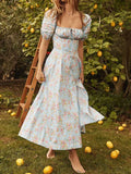 Women Maxi Dress Floral Print Long Dress Summer Puff Sleeve Ruffles Casual Elegant Holiday Party Dresses