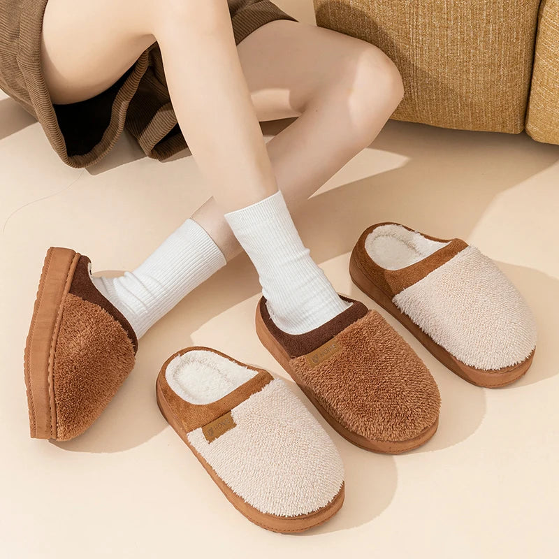 Platform Fluffy Slippers For Women Men House Flats Fashion Warm Plush Winter Cotton Shoes Ladies Indoor Home Casual Footwear