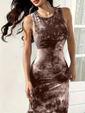 2025 Women Sleeveless Tie Dye Maxi Dress Wrap Waist Bodycon Work to Night Out Long Dress Stretchy Summer Casual