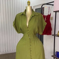 Woman Summer Elegant Midi Dresses 2025 High Waist Lapel Neck Short Sleeves Buttoned Flowy A Line Shirt Dress For Women