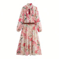 ZOCI Elegant Womens Floral Print Long Dress Bow Neck Long Sleeve Waist Belt Casual Weekend Party Summer Beach Vacation Dress