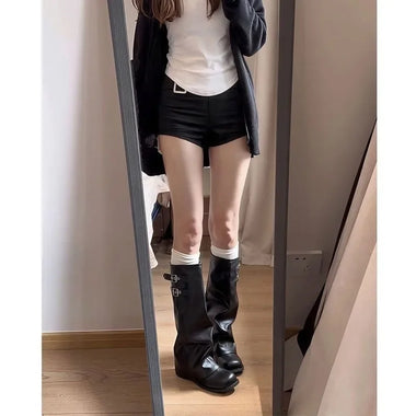 Tall Knee High Women Ruched Boots, Double Buckle Strap Decor Flat SoleRound Toe PU & Suede Look WideShaft Fold Over Ladies Boots