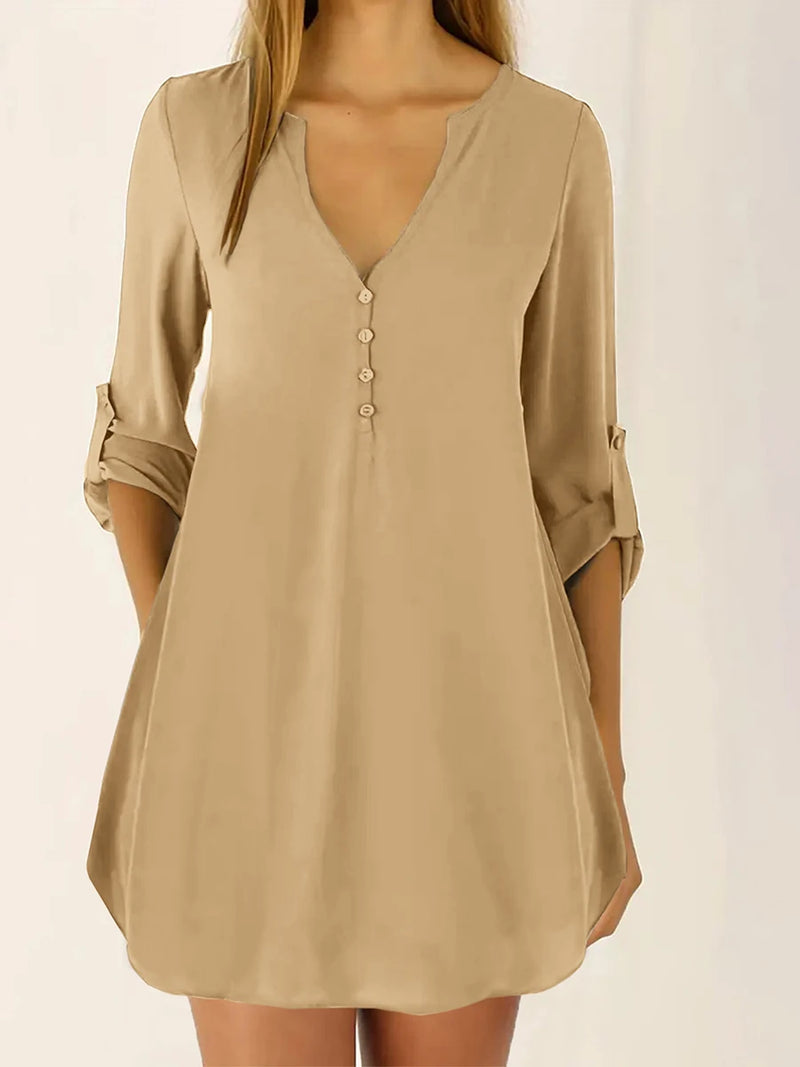 Women Casual V Neck Loose Mini Dress Elegant Button Down 3/4 Roll-Up Sleeve Khaki Solid Color Plain Shirt Dresses