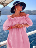 Oymimi Fashion Pink Cotton Womens Dresses Casual Slash Neck Three Quarter Sleeve Dress Elegant Loose Pleated Ankle-Length Dress