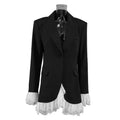 Black Blazer Women Lace Patchwork Ruffle Cuff Single Breasted Jacket Elegant Office  Vintage  Outerwear