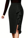 Women's High Waist Pencil Skirt Ruffle Split Midi Bodycon Slim Fit Medium Stretch Knit Elegant Office Party Knee Length Wrap Ski