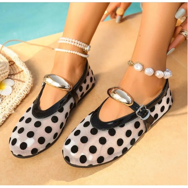 Large Size Polka Dot Mesh Mary Jane Flat Sandals Women's New Style Breathable One-Strap Slip-On Loafers Women's Ballet Flats