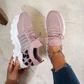 Women's Spring Autumn Knitted Thick Sole Sneakers Leopard Print Patchwork Breathable Flying Woven Lace‑Up Casual Walking Shoes