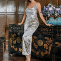 Ice Silk Female 4PCS Robe Pajamas Set Sleepwear Print Cherry Bathrobe Nightgown Trouser Pijamas Suit Loose Homewear Loungewear