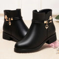 Women's Rhinestone Leather Boots Autumn Winter Warm Cotton Shoes Low Heel Round Head Side Zip Footwear Botas Para Mujeres