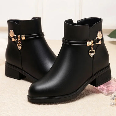 Women's Rhinestone Leather Boots Autumn Winter Warm Cotton Shoes Low Heel Round Head Side Zip Footwear Botas Para Mujeres