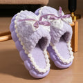 Lovely Girls Lace Bowtie Pink Fur Slippers Winter 2026 Thick-Soled Household Slippers for Women Non Slip Soft Plush Home Shoes