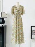 Women Summer V Neck Floral Print Chiffon Maxi Dress Short Sleeve High Waist A Line Long Dress Elegant Casual Party Vestidos