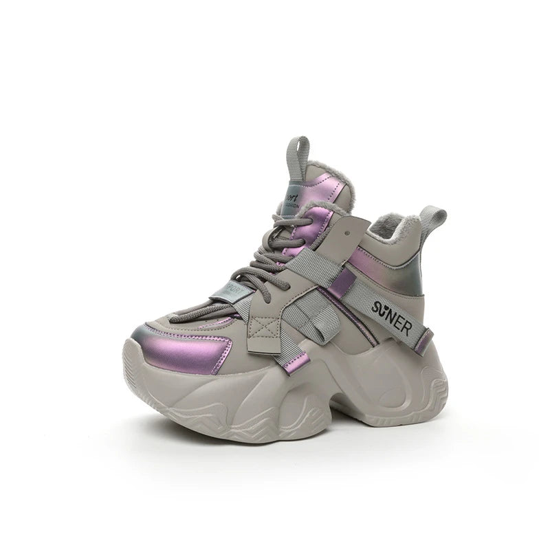 Womens Chunky Sneakers Platform Womens All Black High Top Chunky Platform Sneakers Fleece Lined Lace Up Buckle Strap Height Increasing Warm Winter Sports Shoes