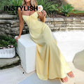 Women Summer Solid Spaghetti Strap Maxi Dress Tie Front Bust Corset Waist Long Dress Elegant Holiday Beach Party Casual Sundress