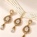 Gold Plated Multi Layer Pearl Jewelry Set Crystal Teardrop Necklace Earrings for Abaya