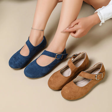 Women Mary Jane Shoes Suede Leather Round Toe Flat Shoes Buckle Strap Casual Comfortable Work Office Daily Ballerina Flats