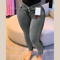 Women's High-Waisted Grey Skinny Jeans Double Button Closure Slim Fit Stretchy Denim Curvy Body Shaping Pants Slimming Leggings