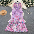 Women's Deep V-Neck Bohemian Dress Long Sleeve Floral Print Ruffle Hem Casual Spring Summer Runway Style Sweet Cascading Dress