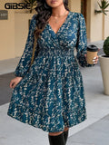 Casual Dress Autumn GIBSIE Plus Size Floral Print V-Neck Long Sleeve Ruffle Hem Dress Women 2026 Autumn High Elastic Waist Casual A-Line Dresses