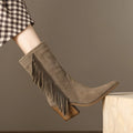 Genuine Leather Women Fringe Mid Calf Boots Suede Cow Leather Pointed Toe Block Heel Western Style Cowboy Women Boots