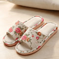 Women Floral Linen Slippers Flat Indoor Home Sandals Anti Slip Comfortable Casual Flax Slides Cute Rose Print House Shoes