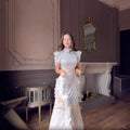 Long Dress Women Flower Print Dresses Ruffles Vestidos Short Sleeve Lace Up Tight Waist Maxi Gown Female 2025 Summer A Line