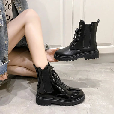 New Winter Mid-top Thick Heel Round Toe Motorcycle Shoes Comfortable and Fashionable Glossy/matte Women's Boots