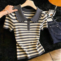 Striped Knit Blouse Quarter Button Short Sleeve Peter-Pan Collared Shirt Tops Women Summer Tops Sporty Wear Tennis Core