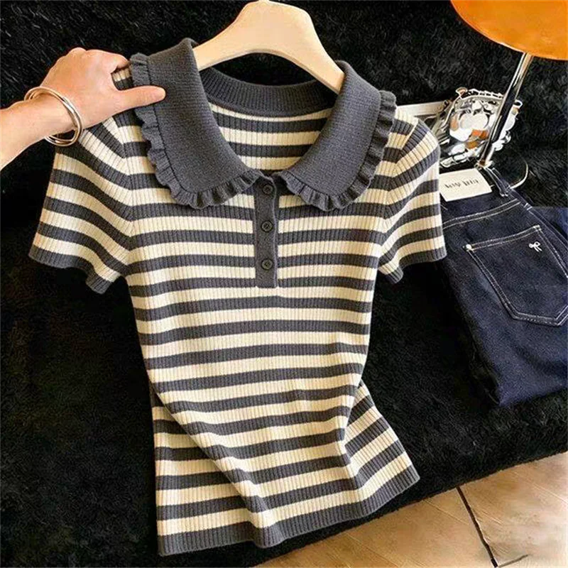 Striped Knit Blouse Quarter Button Short Sleeve Peter-Pan Collared Shirt Tops Women Summer Tops Sporty Wear Tennis Core