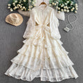 French Resort Style Heavy Work Embroidered Lace Crew Neck Dress Women Autumn Waist Slim Elegant Tiered Cake Maxi Dress